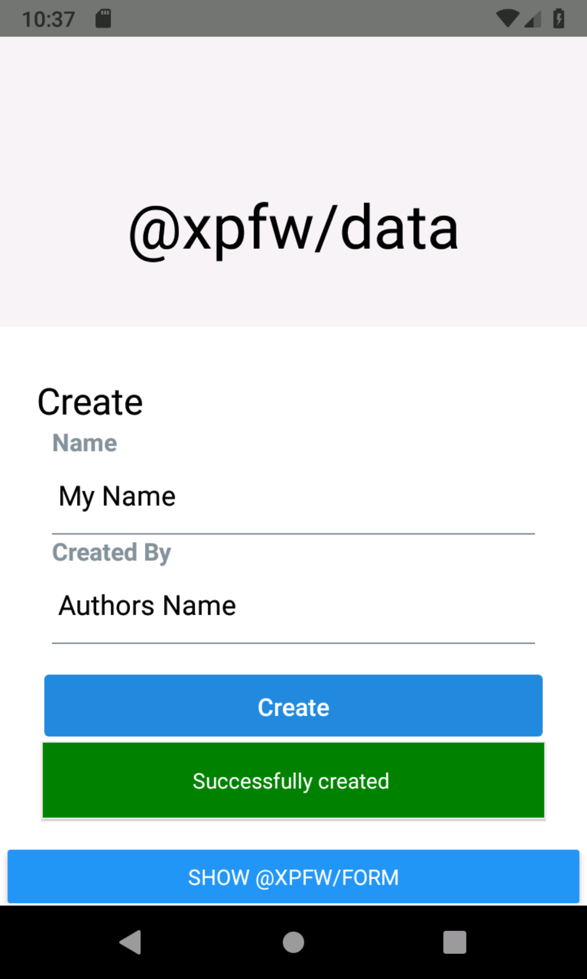 Screenshot of @xpfw/data-native's create component